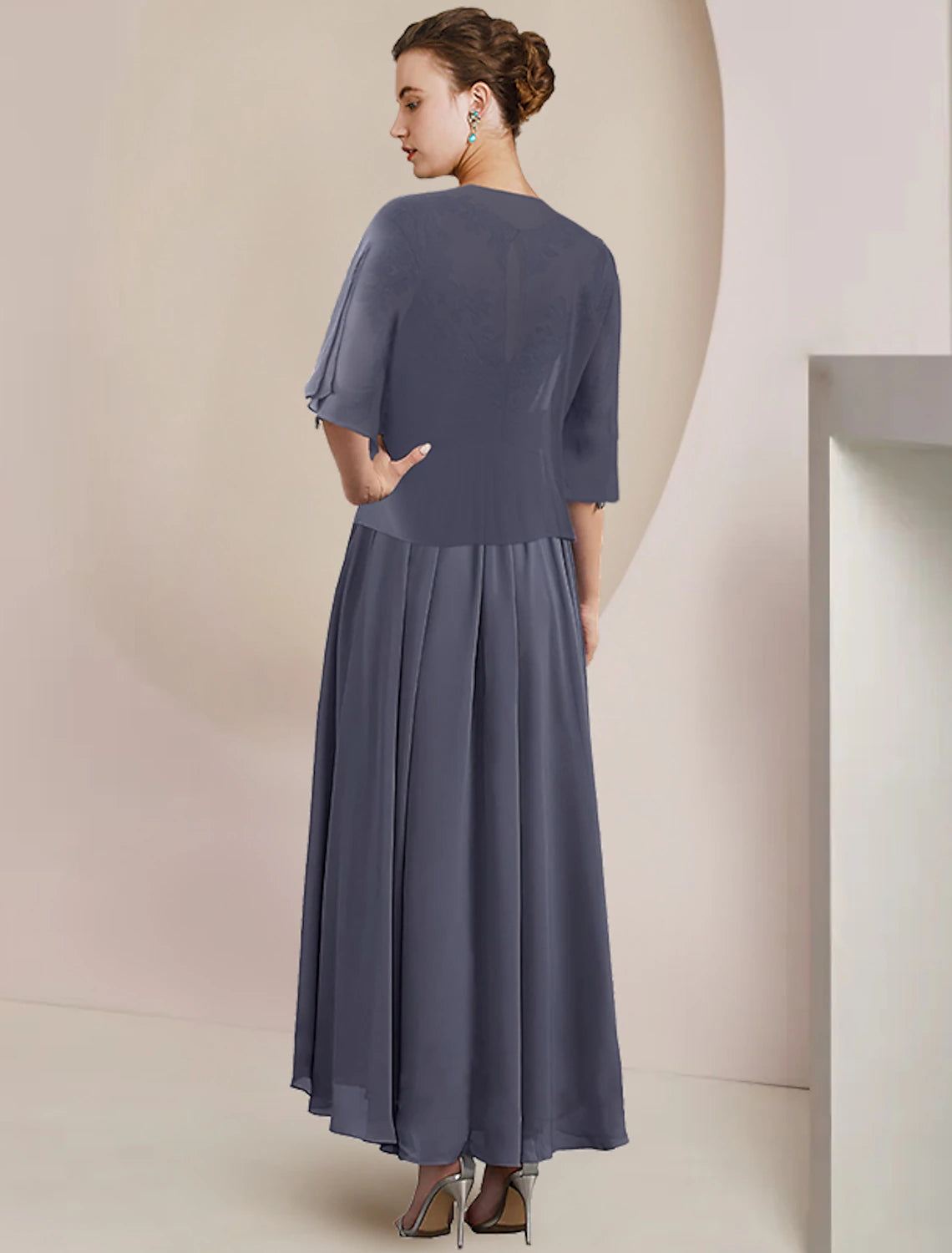 Luolandi Two Piece A-Line Mother of the Bride Dress Formal Wedding Guest Elegant Scoop Neck Tea Length Chiffon Lace 3/4 Length Sleeve Wrap Included with Appliques