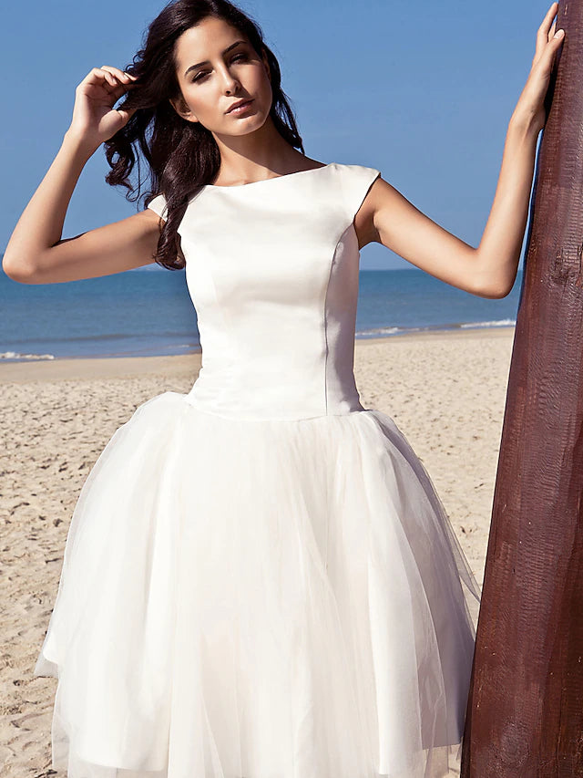 Luolandi Beach Little Dresses Wedding Dresses Knee Length A-Line Cap Sleeve Bateau Neck Satin