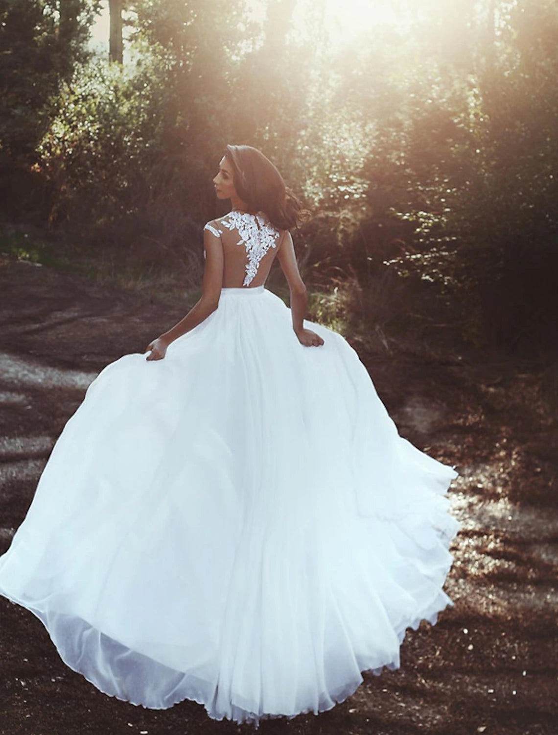 Luolandi Beach Open Back Wedding Dresses A-Line Illusion Neck Cap Sleeve Court Train Chiffon Bridal Gowns With Pleats