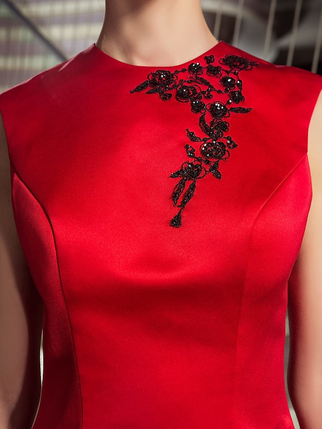 Luolandi A-Line Elegant Dress Christmas Knee Length Sleeveless Jewel Neck Satin with Beading