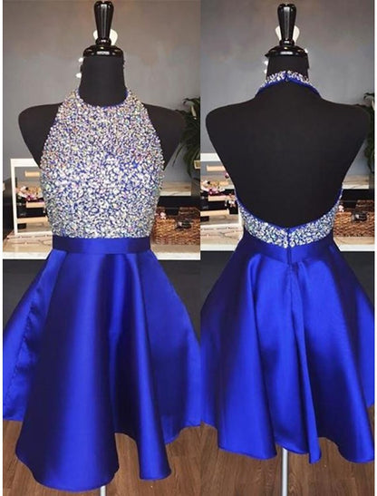 A-Line Homecoming Dresses Sparkle & Shine Dress Party Wear Short / Mini Sleeveless Halter Satin Backless with Pleats