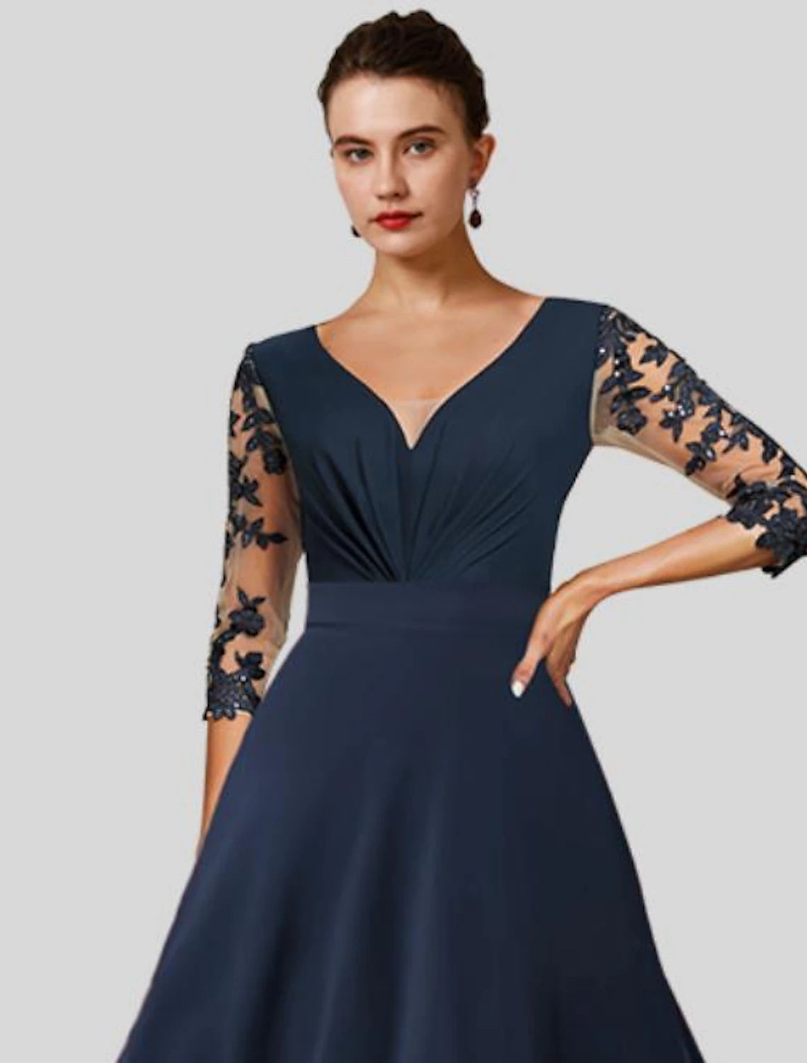 Luolandi A-Line Mother of the Bride Dress Wedding Guest Elegant High Low V Neck Asymmetrical Tea Length Chiffon Lace 3/4 Length Sleeve