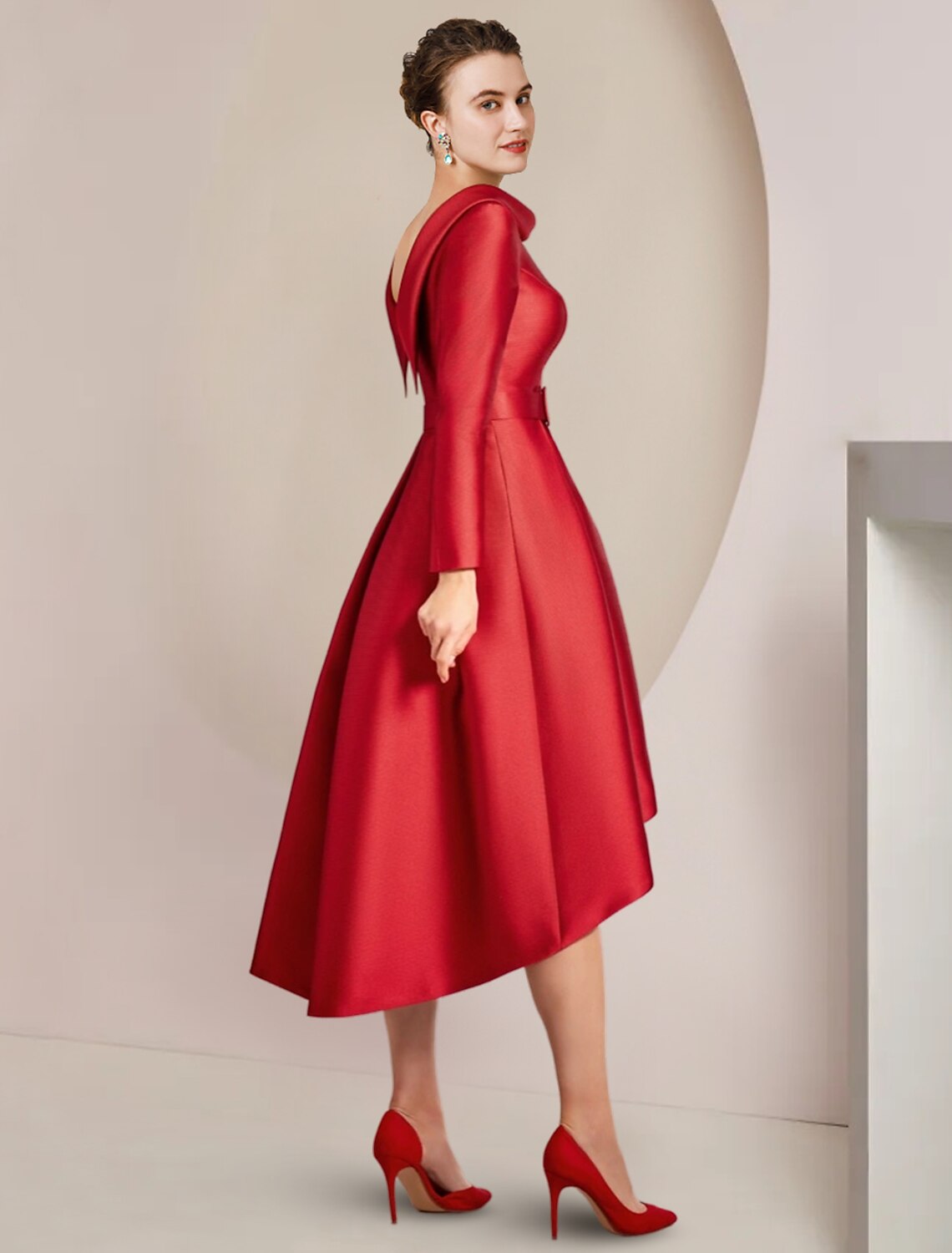 Luolandi A-Line Mother of the Bride Dress Wedding Guest Party Elegant High Low Scoop Neck Asymmetrical Knee Length Satin Long Sleeve