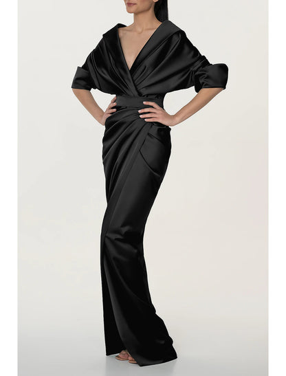 A-Line Evening Gown Black Dress Elegant Dress Formal Fall Sweep / Brush Train Half Sleeve V Neck Satin with Ruched