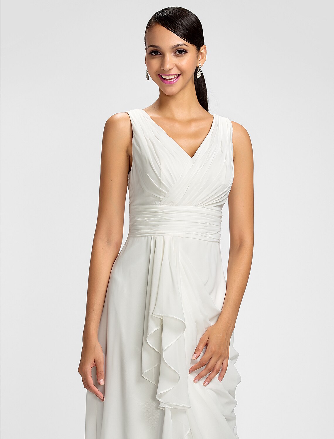 Luolandi Sheath / Column V Neck Floor Length Chiffon Bridesmaid Dress with Draping / Sash