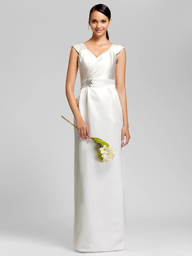 Luolandi Sheath / Column Bridesmaid Dress V Neck Sleeveless Elegant Floor Length Satin with Sash / Ribbon