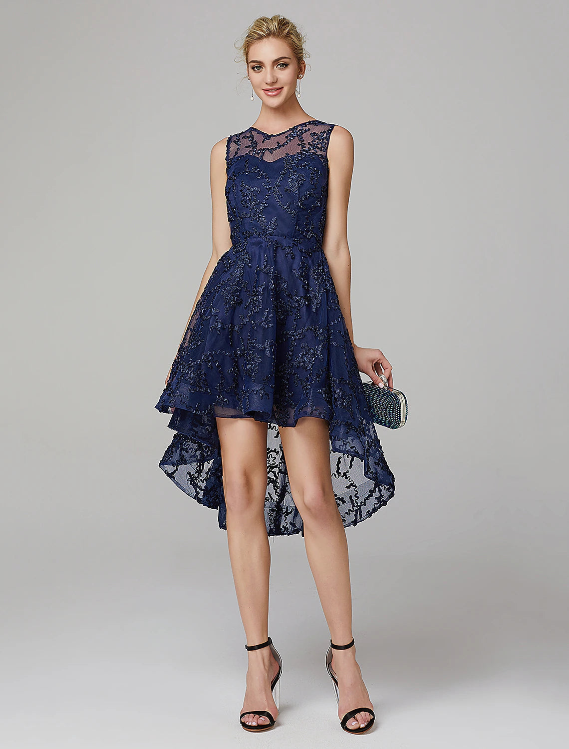 Luolandi A-Line Hot Dress Wedding Guest Cocktail Party Asymmetrical Sleeveless Illusion Neck Tulle