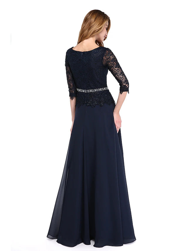 Luolandi A-Line Mother of the Bride Dress Elegant Jewel Neck Floor Length Chiffon Lace Bodice 3/4 Length Sleeve with Beading