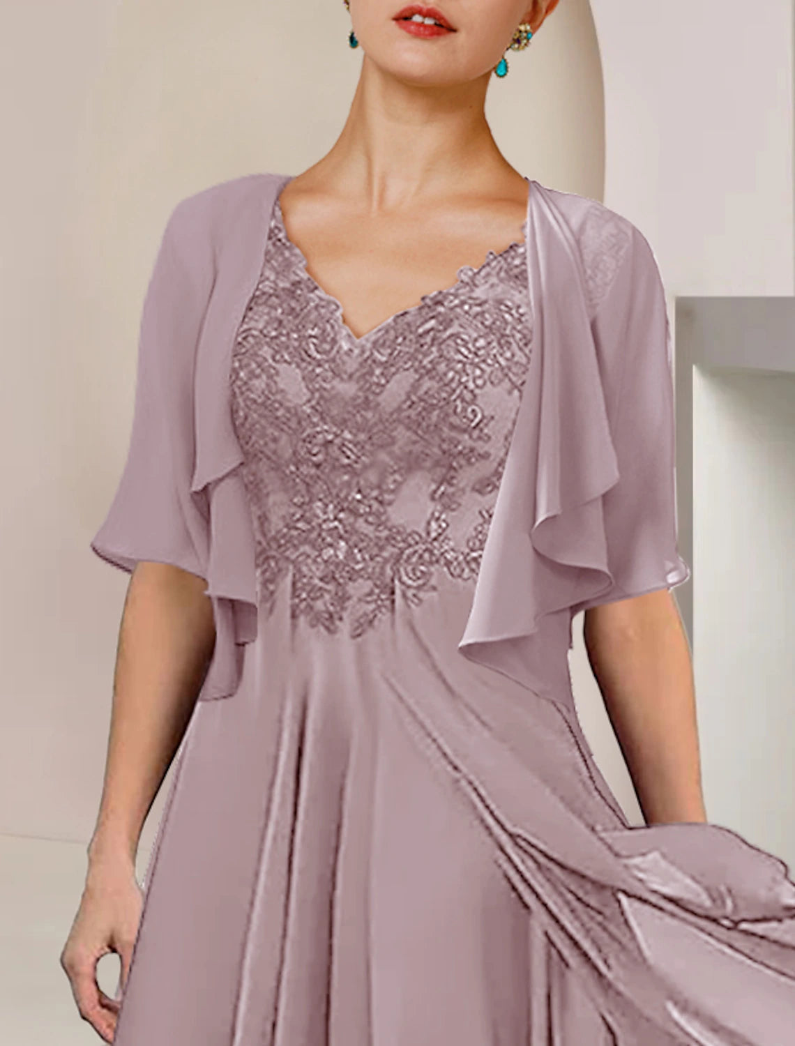 Luolandi Two Piece A-Line Mother of the Bride Dress Formal Wedding Guest Elegant V Neck Asymmetrical Tea Length Chiffon Lace Short Sleeve Wrap Included with Pleats