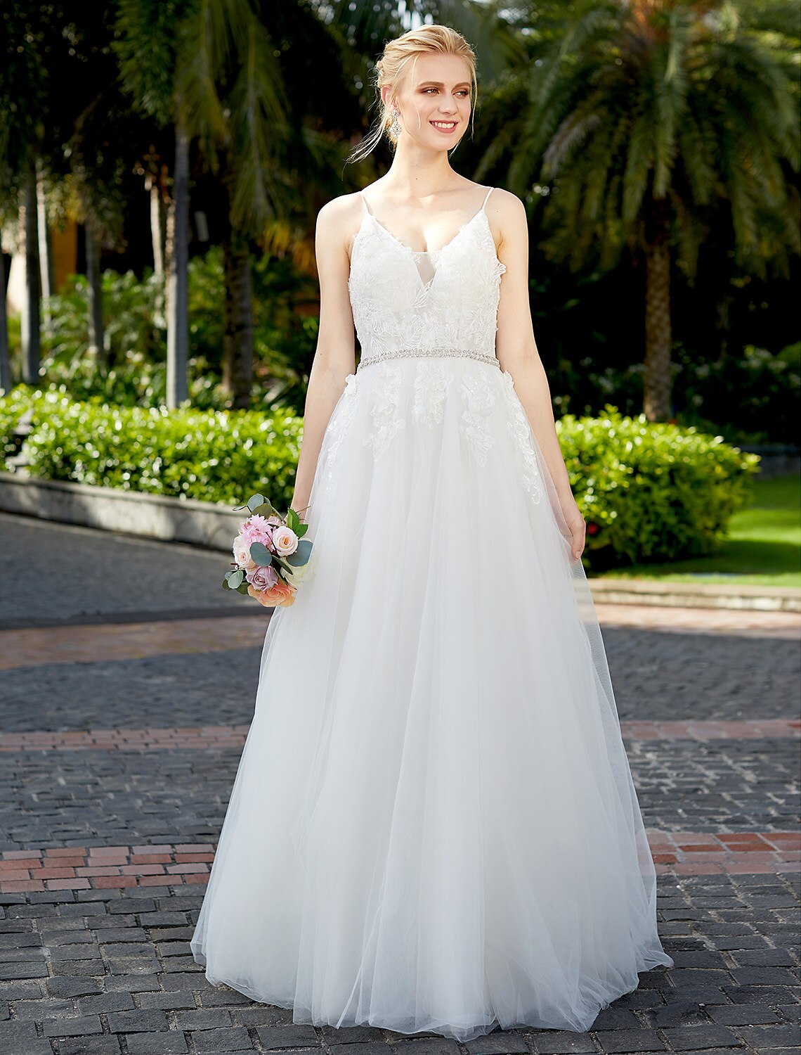 Luolandi Reception Wedding Dresses A-Line Plunging Neck Sleeveless Floor Length Tulle Over Lace Bridal Gowns With Sashes Beading