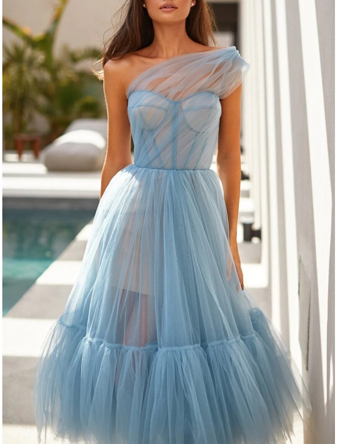 Luolandi A-Line Prom Dresses Elegant Dress Formal Tea Length Sleeveless One Shoulder Tulle