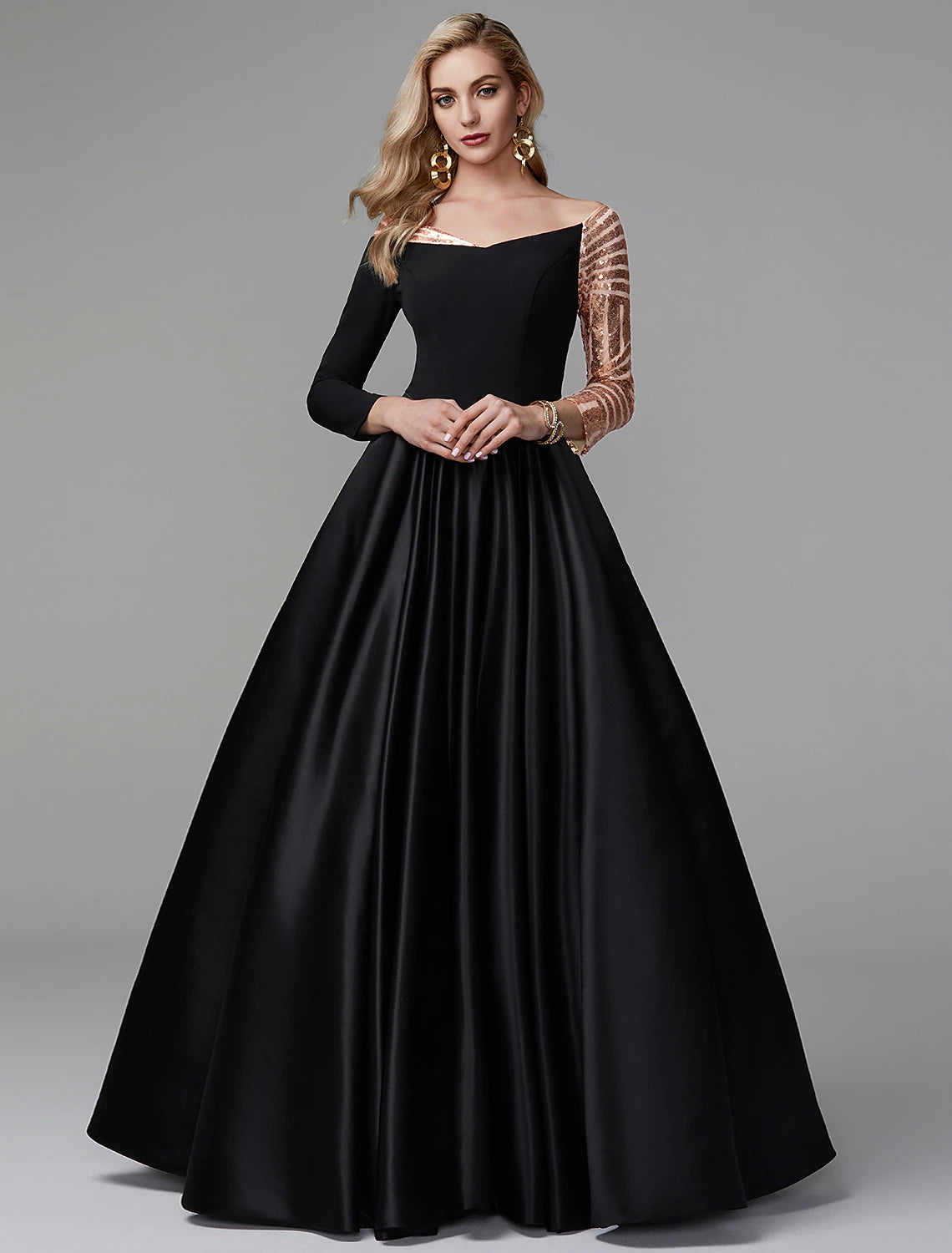 Luolandi Ball Gown Vintage Dress Quinceanera Formal Evening Floor Length Long Sleeve Off Shoulder Satin