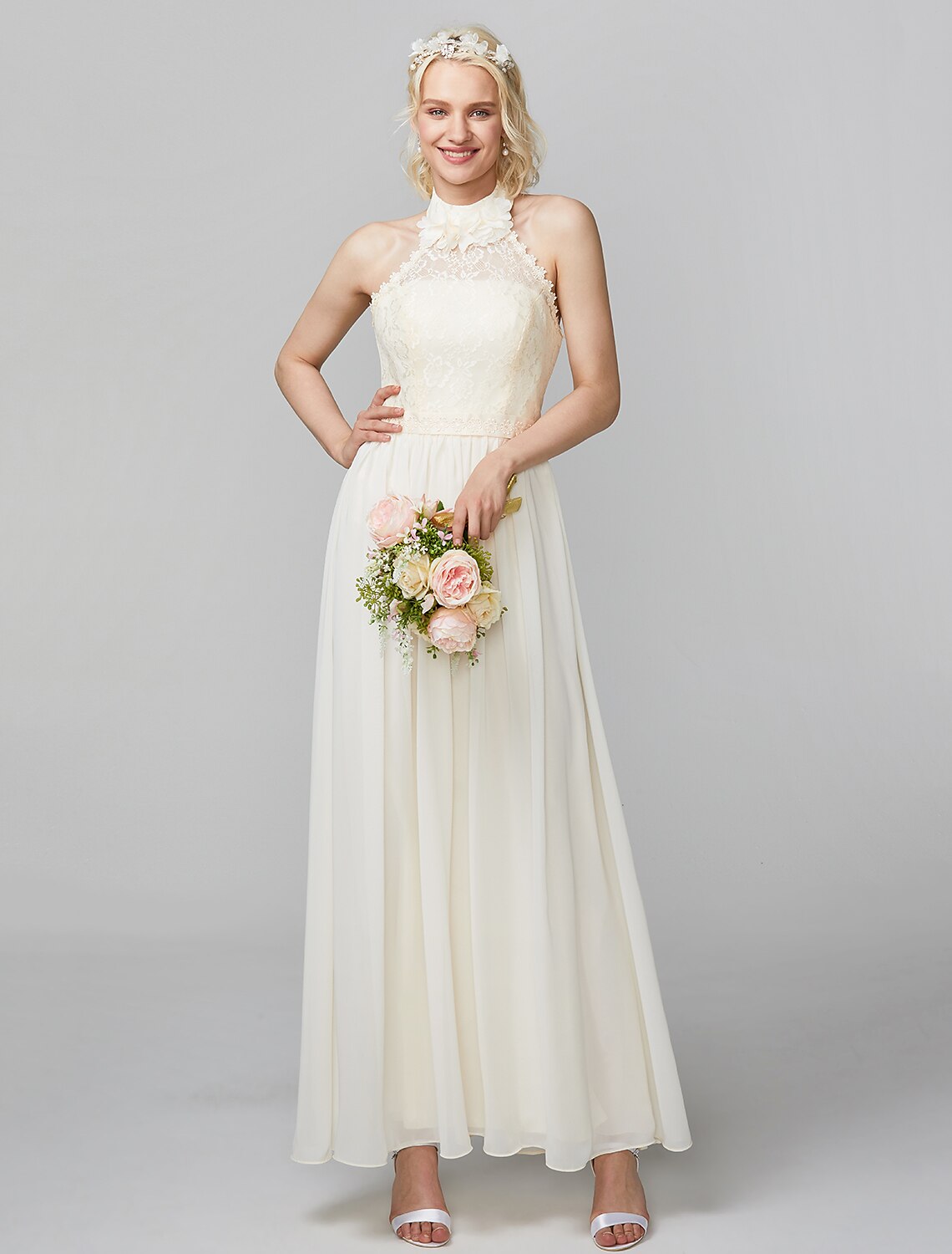 Luolandi Sheath / Column High Neck Floor Length Chiffon / Lace Bodice Bridesmaid Dress with Sash / Ribbon