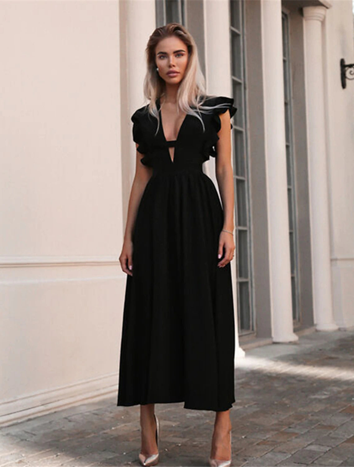 Luolandi A-Line Princess Cute Wedding Guest Prom Dress V Neck Sleeveless Tea Length Fabric with Ruffles Party Dress