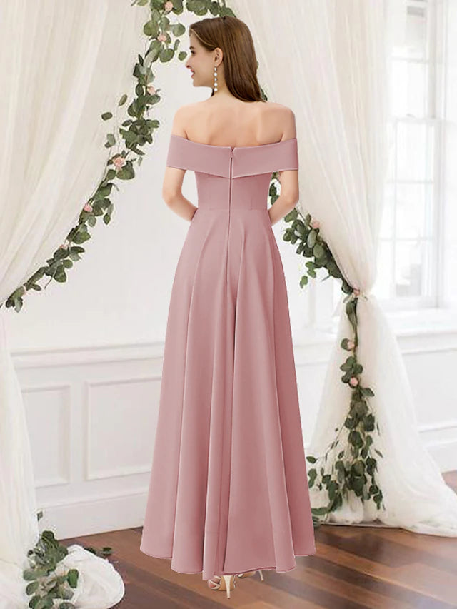 Luolandi A-Line Bridesmaid Dress Off Shoulder Sleeveless Elegant Floor Length Chiffon Pure Color