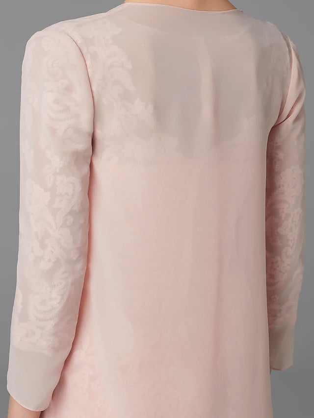 Luolandi Two Piece Sheath / Column Mother of the Bride Dress Church Sparkle & Shine Jewel Neck Knee Length Chiffon Lace 3/4 Length Sleeve Jacket Dresses with Beading