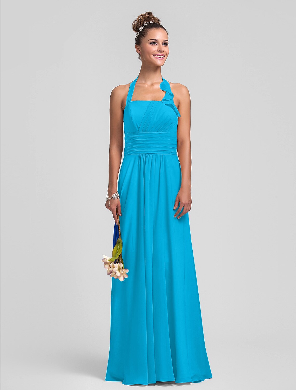 Luolandi Sheath / Column Bridesmaid Dress Halter Neck Sleeveless Floor Length Chiffon with Pleats / Ruched