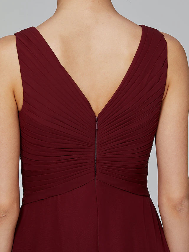 Luolandi A-Line Bridesmaid Dress V Neck Sleeveless Floor Length Chiffon with Criss Cross / Side