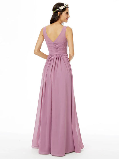 A-Line Bridesmaid Dress Jewel Neck Sleeveless Open Back Floor Length Chiffon with Sash / Ribbon / Pleats