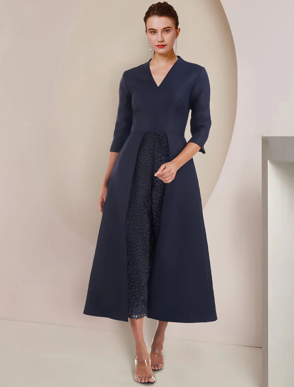 Luolandi Jumpsuit / Pantsuit Mother of the Bride Dress Wedding Guest Party Elegant V Neck Tea Length Taffeta 3/4 Length Sleeve