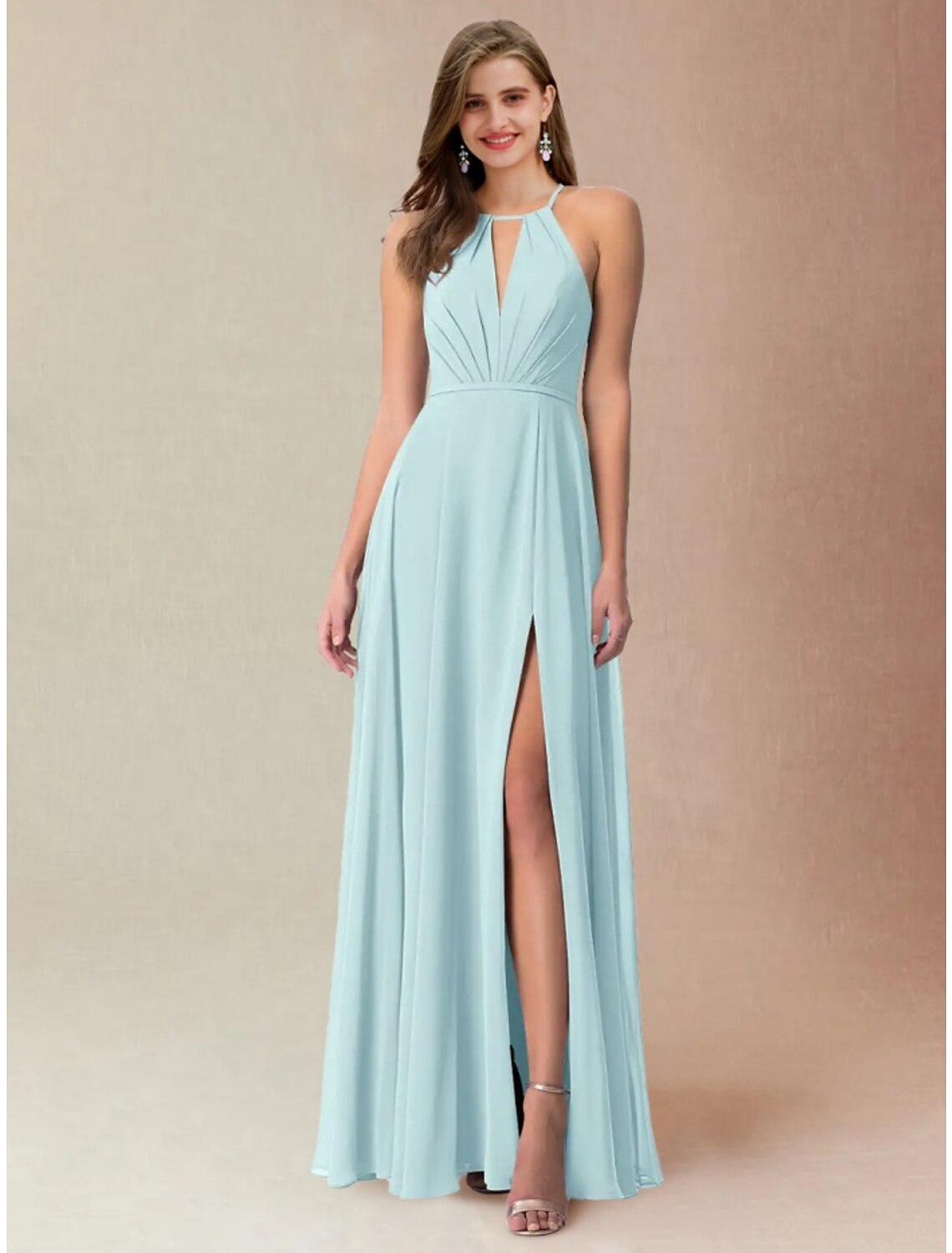 Luolandi A-Line Bridesmaid Dress Halter Neck Sleeveless Elegant Floor Length Chiffon with Bow(s) / Split Front