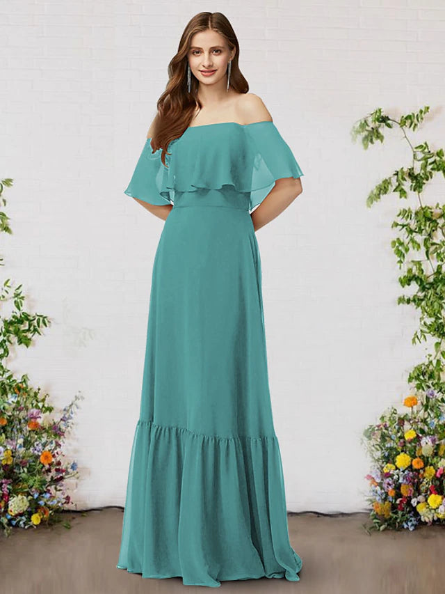 Luolandi A-Line Bridesmaid Dress Off Shoulder Sleeveless Elegant Floor Length Chiffon