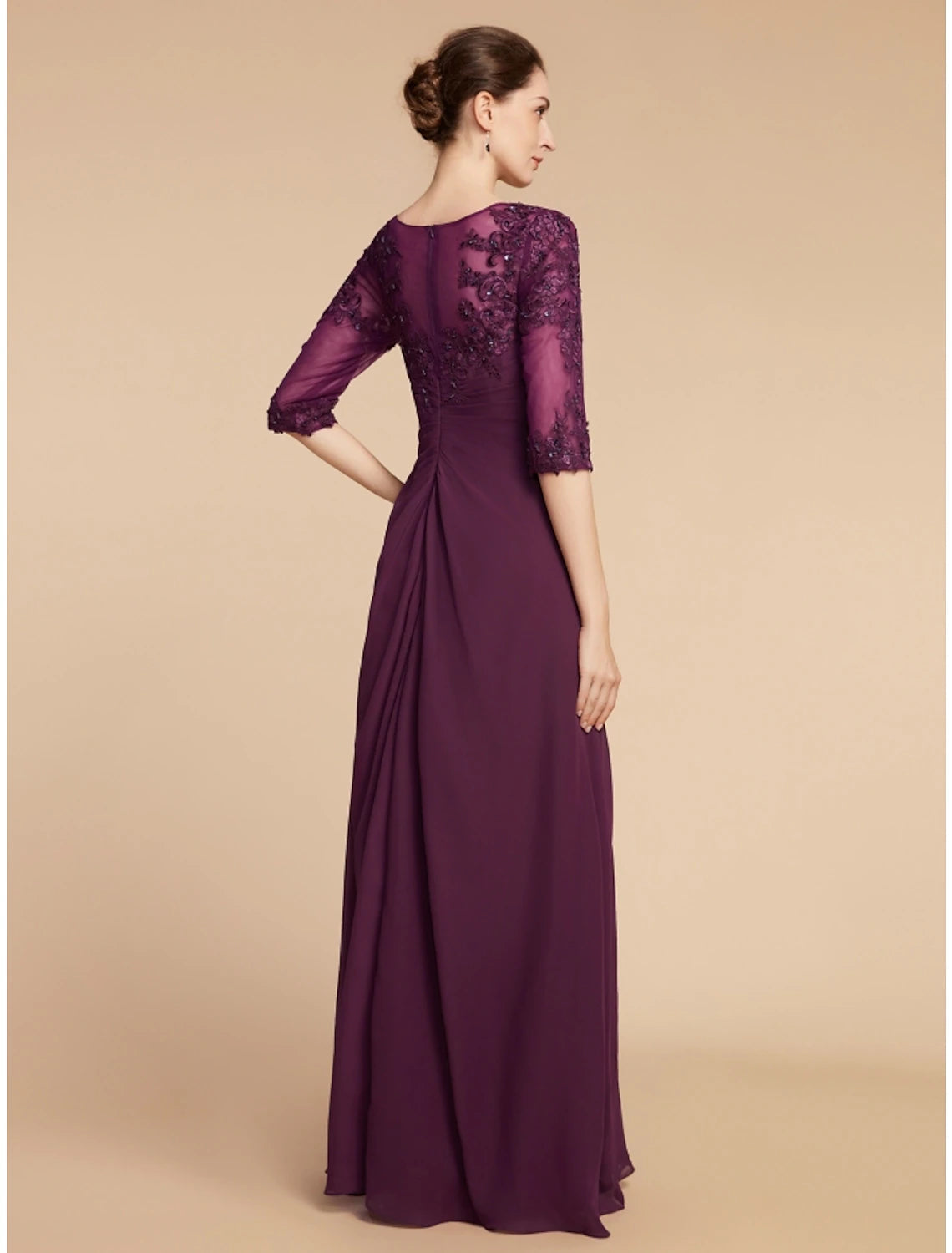 Luolandi Sheath / Column Mother of the Bride Dress Wedding Guest Elegant Scoop Neck Floor Length Chiffon Lace Half Sleeve with Pleats