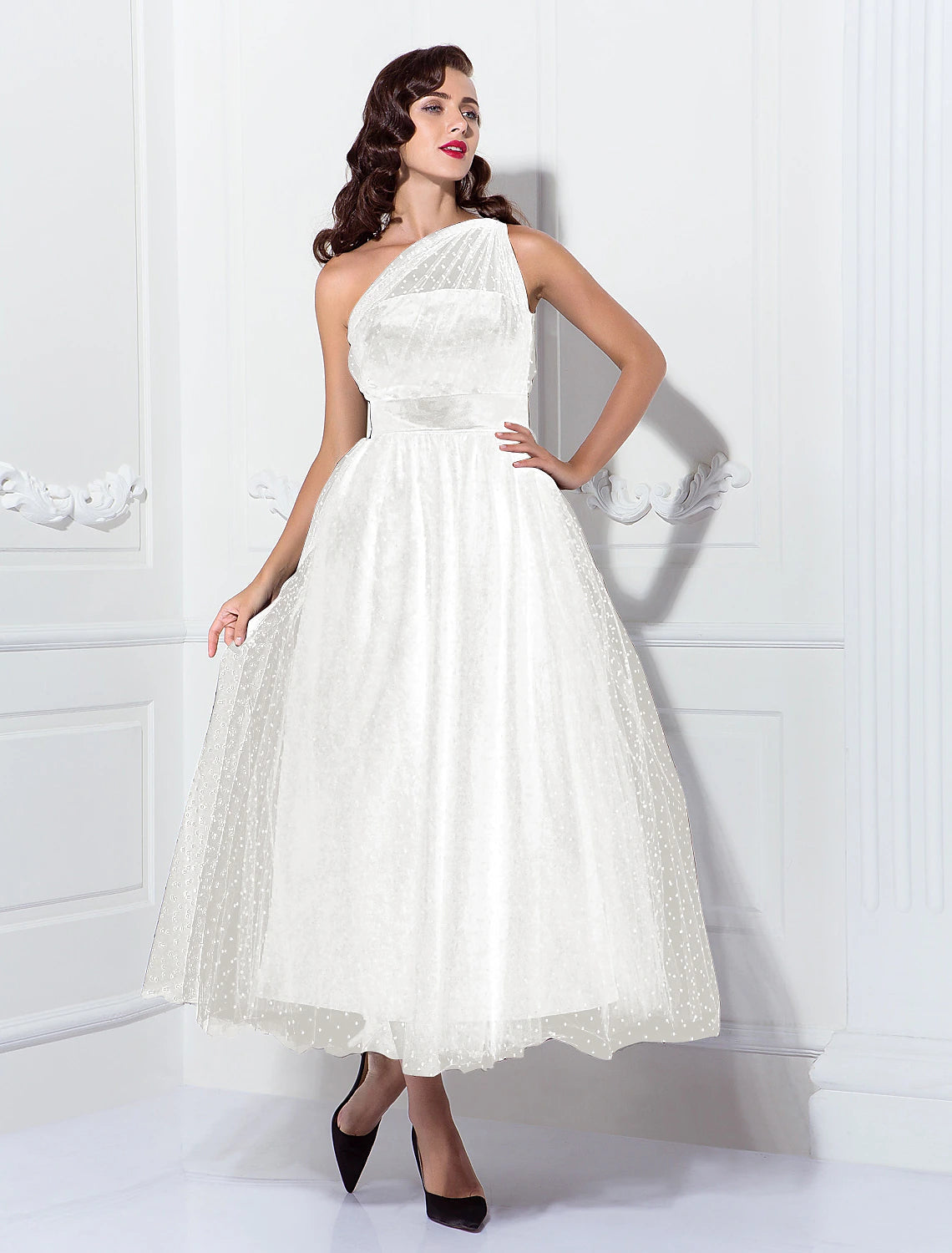 Luolandi A-Line Cocktail Dresses Vintage Dress Wedding Guest Cocktail Party Ankle Length Sleeveless One Shoulder Wednesday Addams Family Tulle with Pleats Pattern