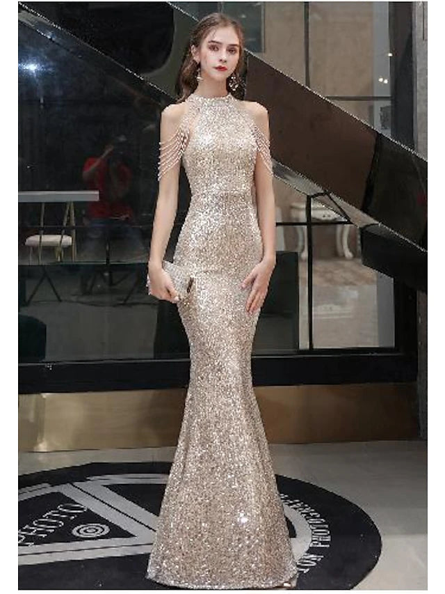 Luolandi Mermaid / Trumpet Sparkle Prom Dress Bodycon Engagement Formal Evening Dress Halter Neck Sleeveless Floor Length Sequined with Beads