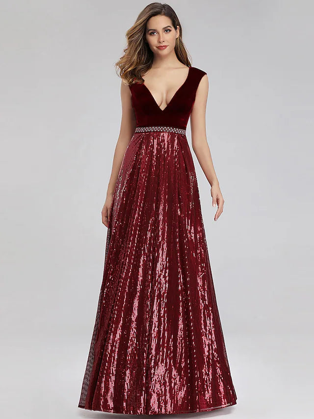 Luolandi A-Line Prom Dresses Elegant Dress Prom Floor Length Sleeveless Plunging Neck Sequined with Sash