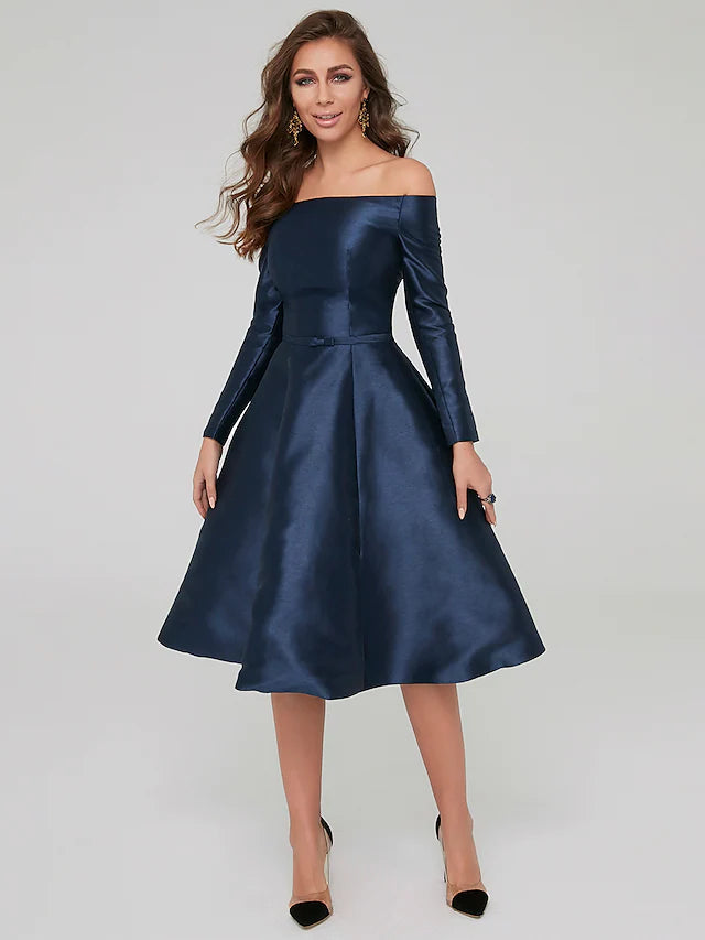 Luolandi A-Line Special Occasion Dresses Party Dress Wedding Guest Knee Length Long Sleeve Off Shoulder Satin