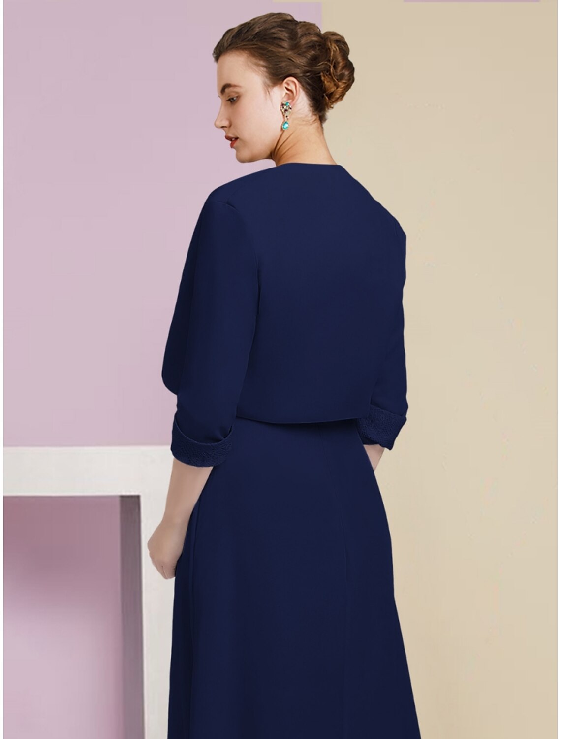 Luolandi A-Line Mother of the Bride Dress Wedding Guest Elegant Scoop Neck Ankle Length Chiffon Half Sleeve with Crystals