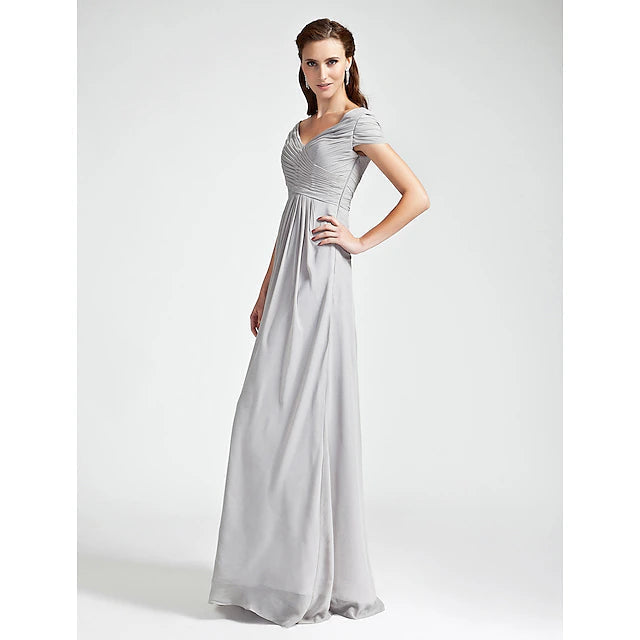 Luolandi Sheath / Column Bridesmaid Dress V Neck / Off Shoulder Short Sleeve Open Back Floor Length Chiffon with Criss Cross