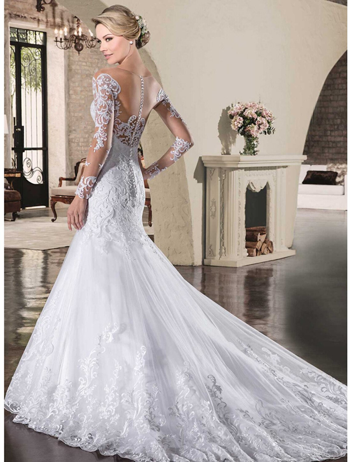 Luolandi Engagement Open Back Formal Fall Wedding Dresses Mermaid / Trumpet Illusion Neck Long Sleeve Court Train Lace Bridal Gowns