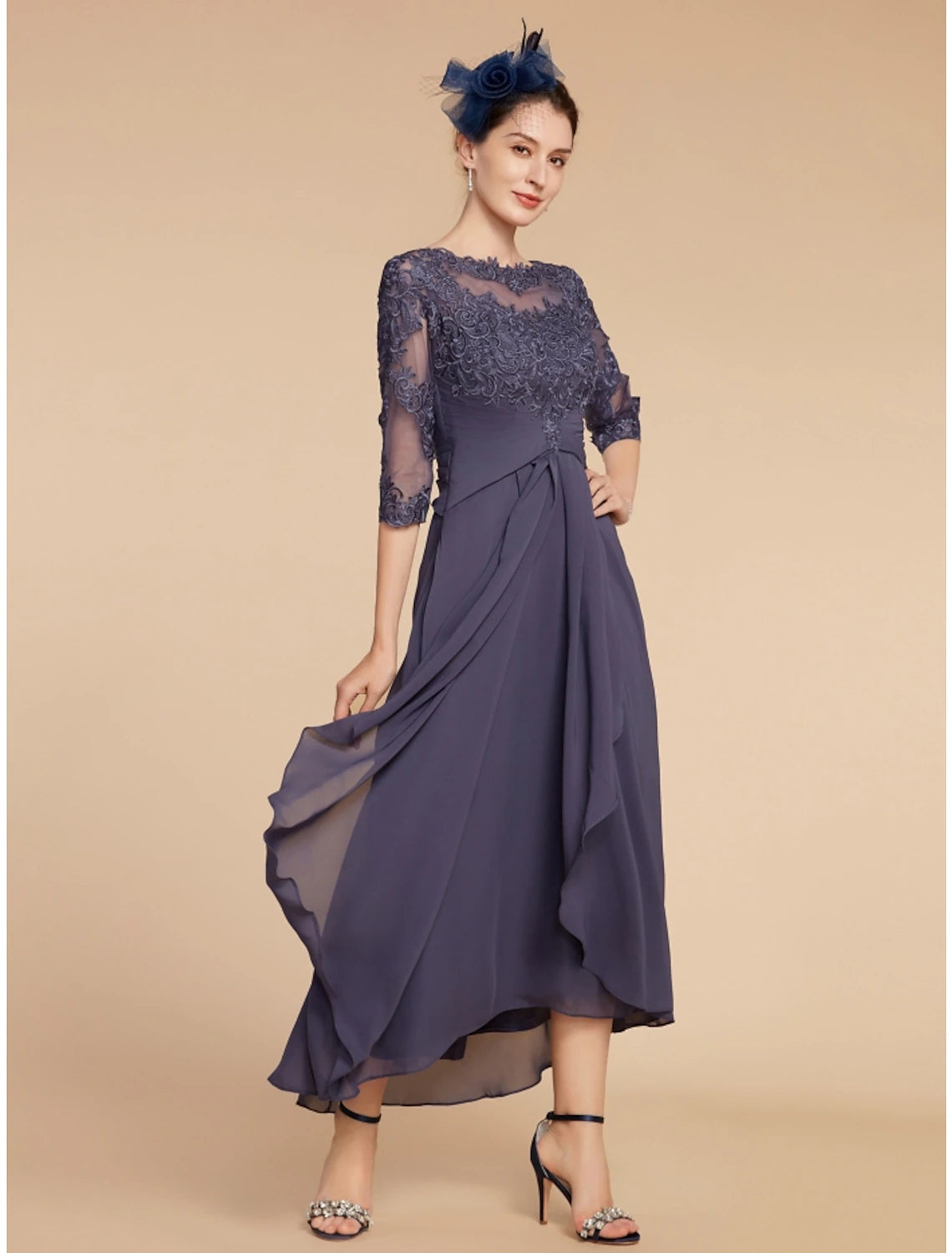 Luolandi A-Line Mother of the Bride Dress Wedding Guest Elegant Scoop Neck Ankle Length Chiffon Lace 3/4 Length Sleeve