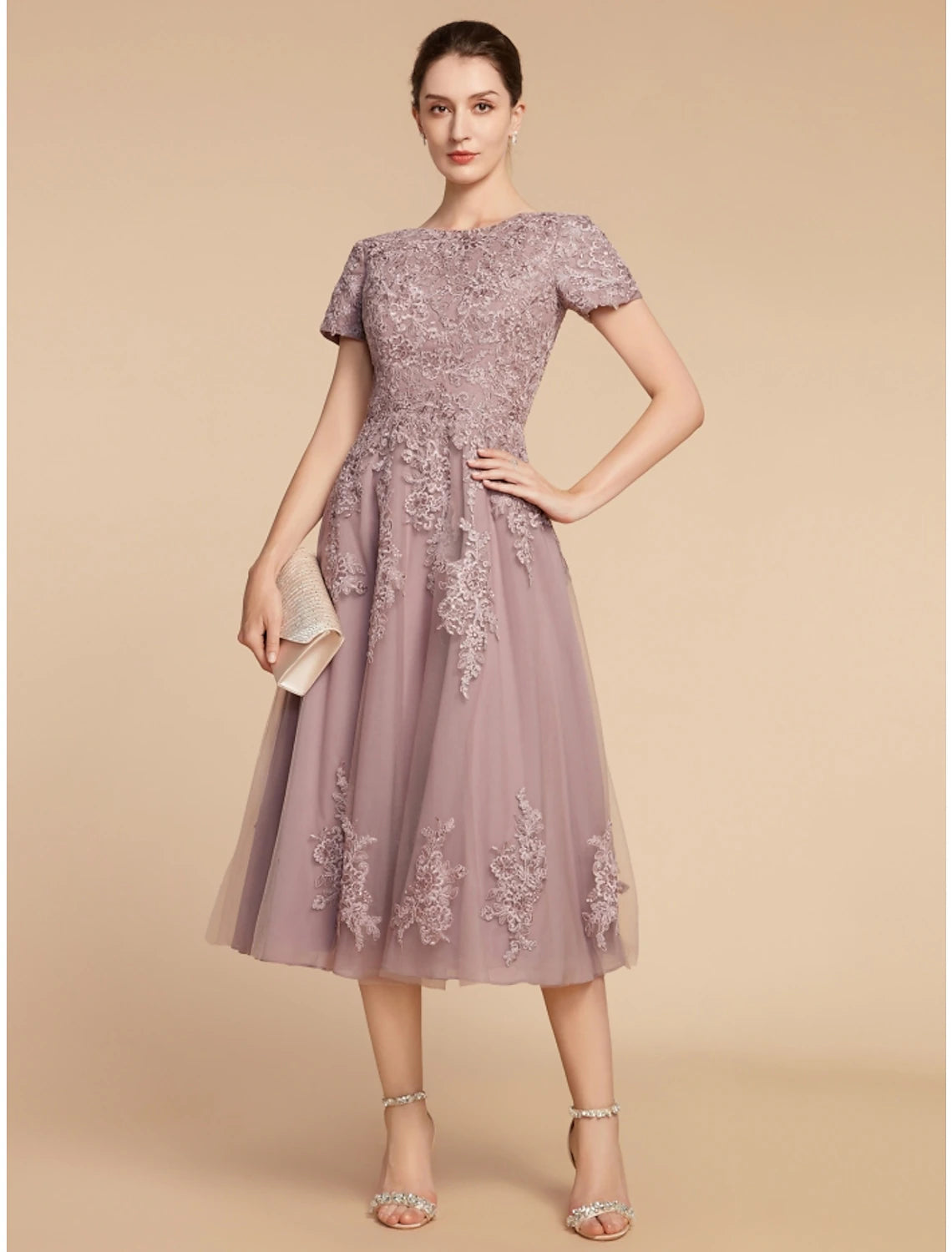Luolandi A-Line Mother of the Bride Dress Wedding Guest Elegant Petite Jewel Neck Tea Length Lace Tulle Short Sleeve