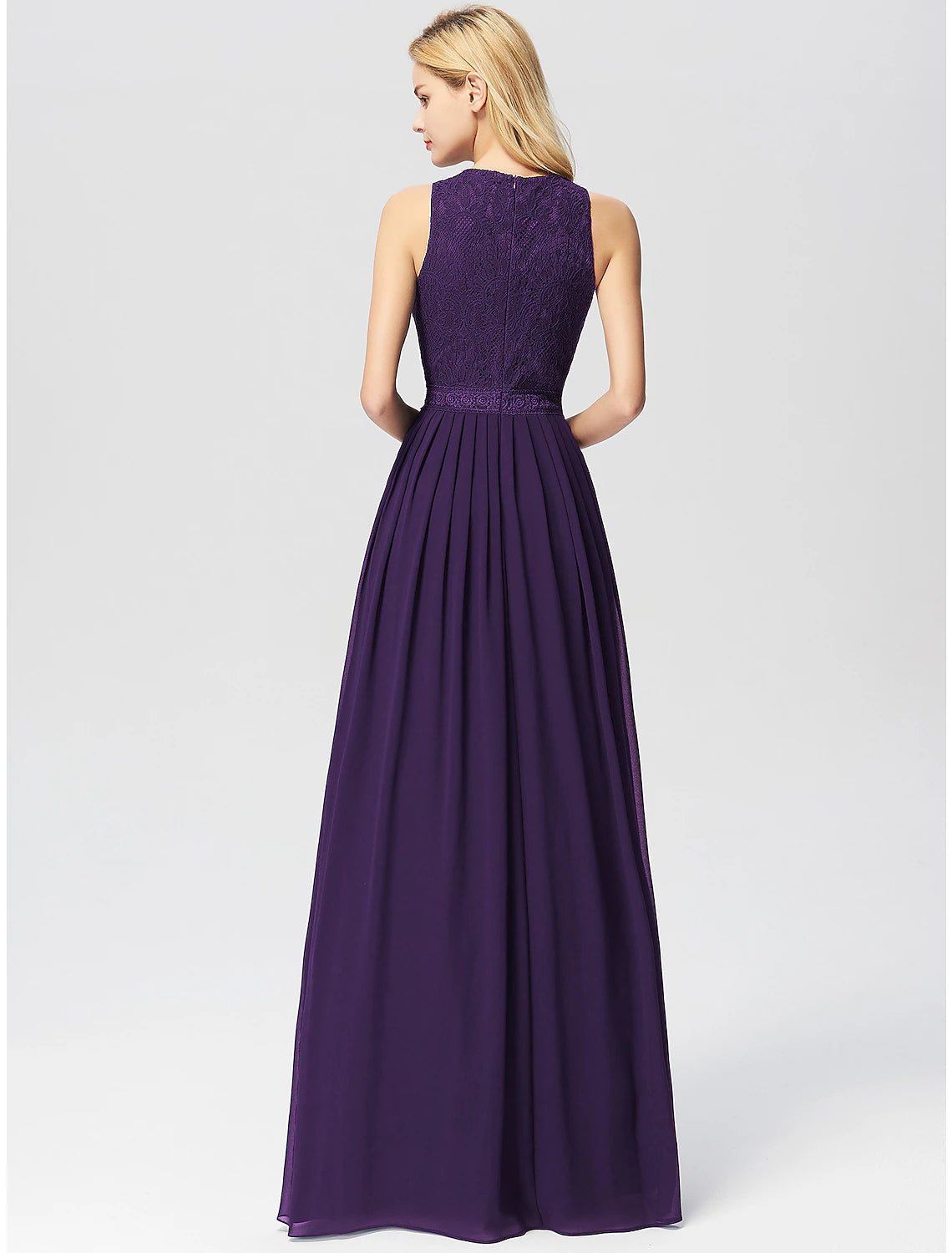 A-Line Prom Dresses Maxi Dress Wedding Guest Floor Length Sleeveless Jewel Neck Chiffon with Pleats