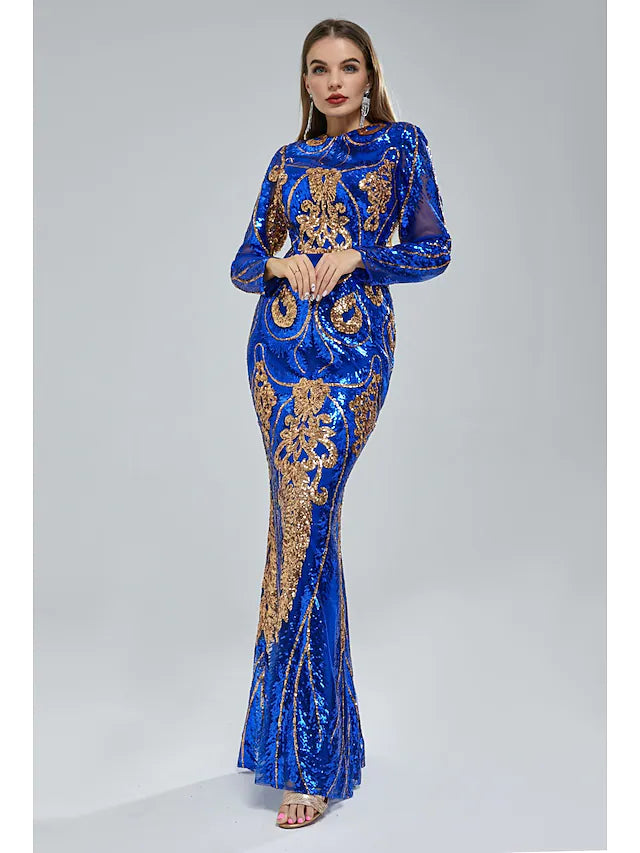 Luolandi Mermaid / Trumpet Evening Gown Elegant Dress Engagement Chapel Train Short Sleeve Jewel Neck Sequined