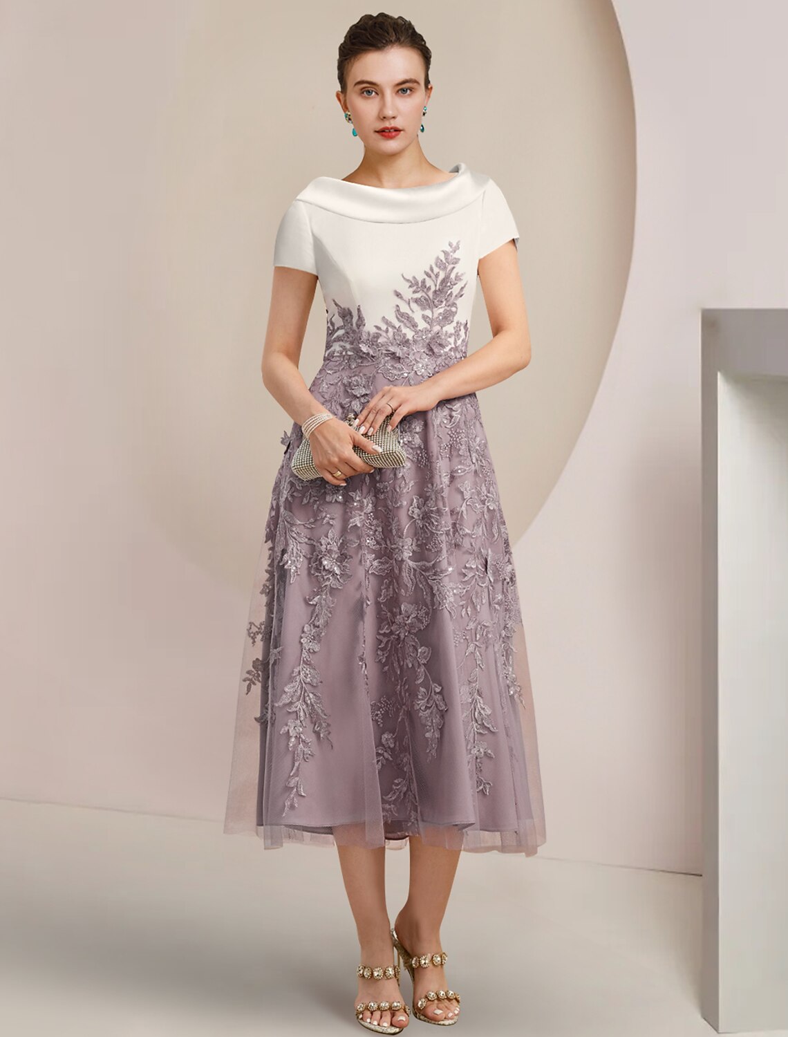 Luolandi A-Line Mother of the Bride Dress Formal Wedding Guest Elegant Scoop Neck Tea Length Satin Lace Short Sleeve with Sequin Appliques Color
