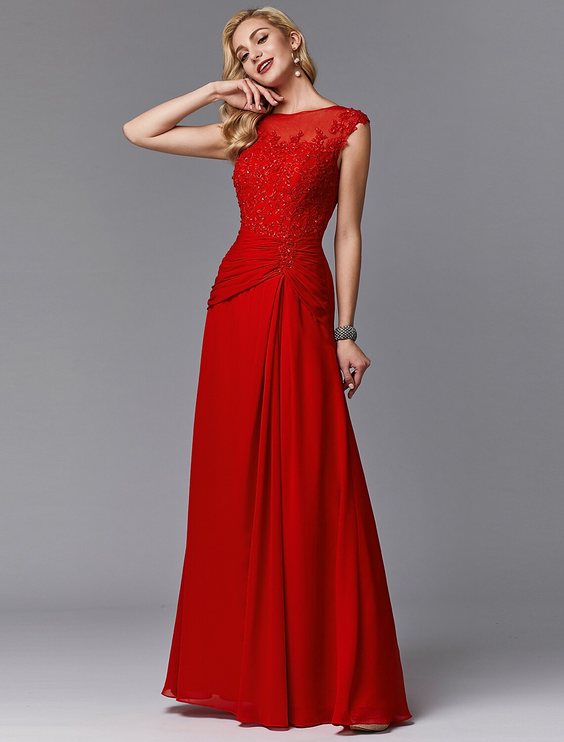 Luolandi Sheath / Column Mother of the Bride Dress Chinese Style See Through Illusion Detail Boat Neck Floor Length Chiffon Lace Sleeveless with Pleats Beading