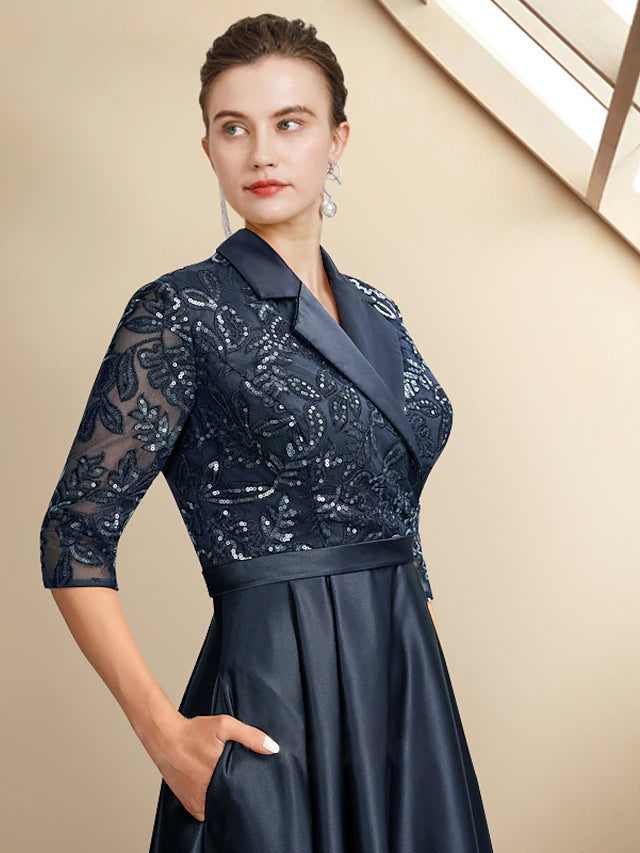 Luolandi A-Line Mother of the Bride Dress Plus Size Elegant High Low Shirt Collar Asymmetrical Tea Length Satin Lace Half Sleeve with Pleats Sequin