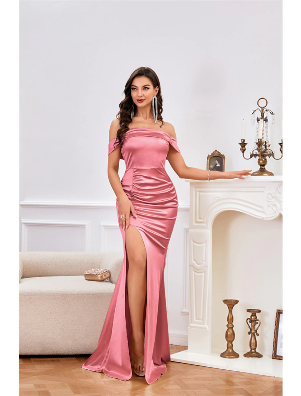 Luolandi Mermaid / Trumpet Party Dresses Vintage Dress Wedding Party Sweep / Brush Train Sleeveless Off Shoulder Satin with Ruched