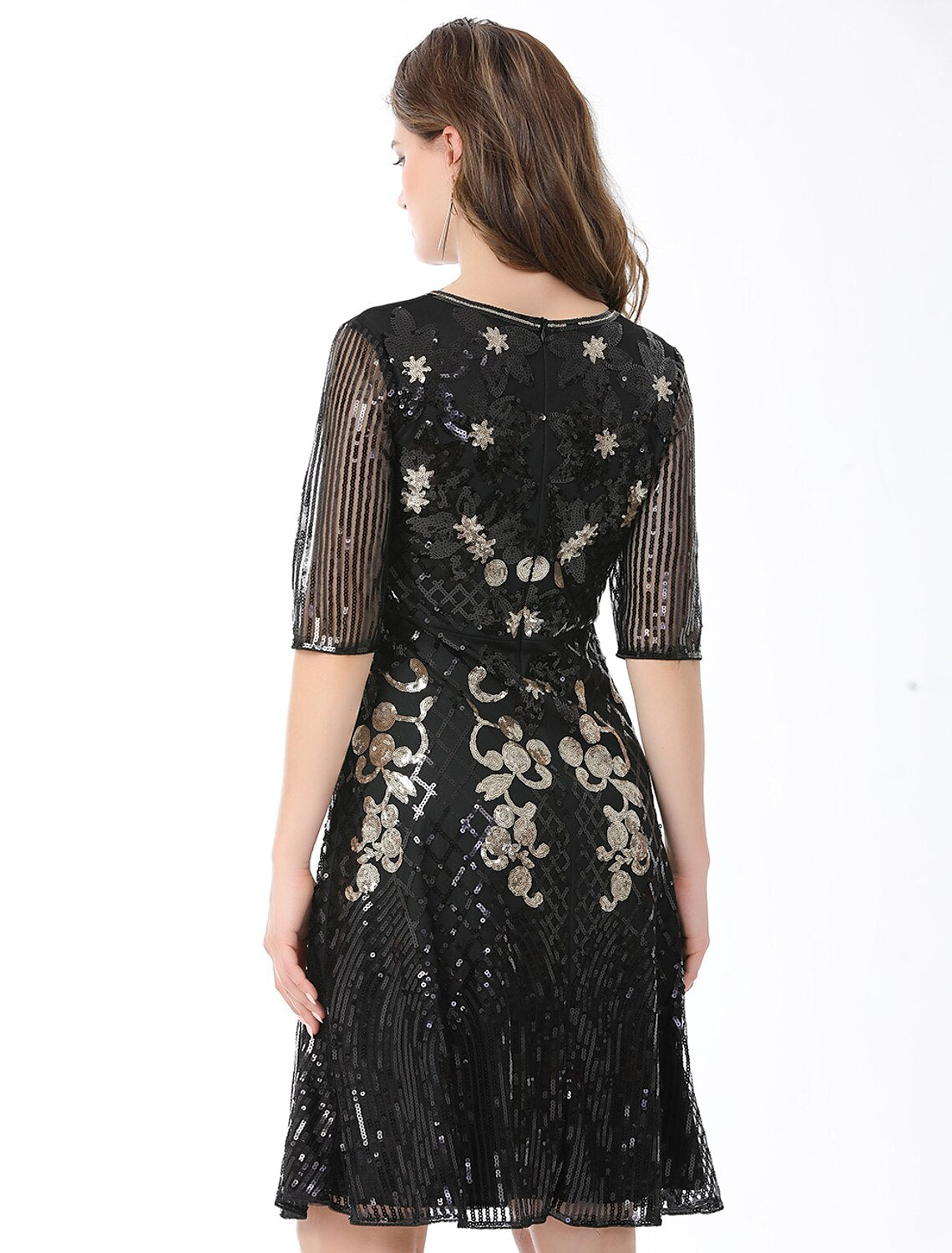 Luolandi A-Line Cocktail Dresses Vintage Dress Holiday Knee Length Half Sleeve Jewel Neck Cotton Blend with Sequin