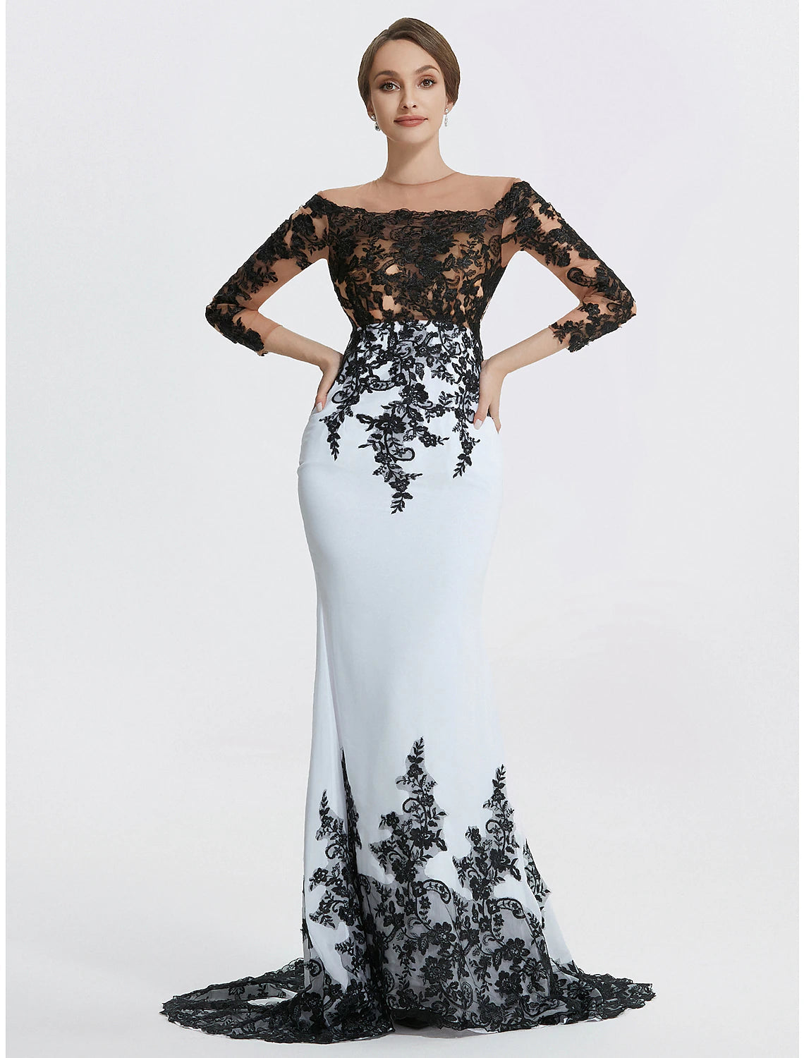 Luolandi Mermaid Evening Gown Elegant Black Dress Masquerade Black Tie Colorblock Sweep / Brush Train Long Sleeve Jewel Neck Chiffon