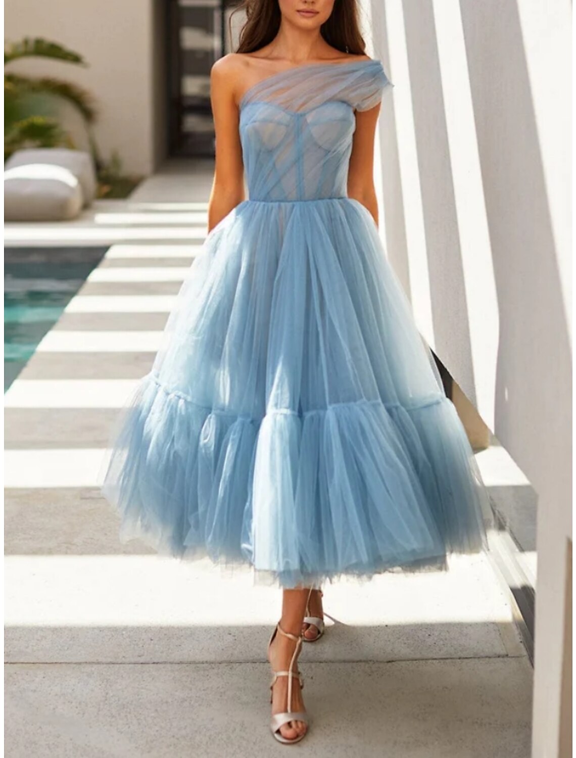 Luolandi A-Line Prom Dresses Elegant Dress Formal Tea Length Sleeveless One Shoulder Tulle