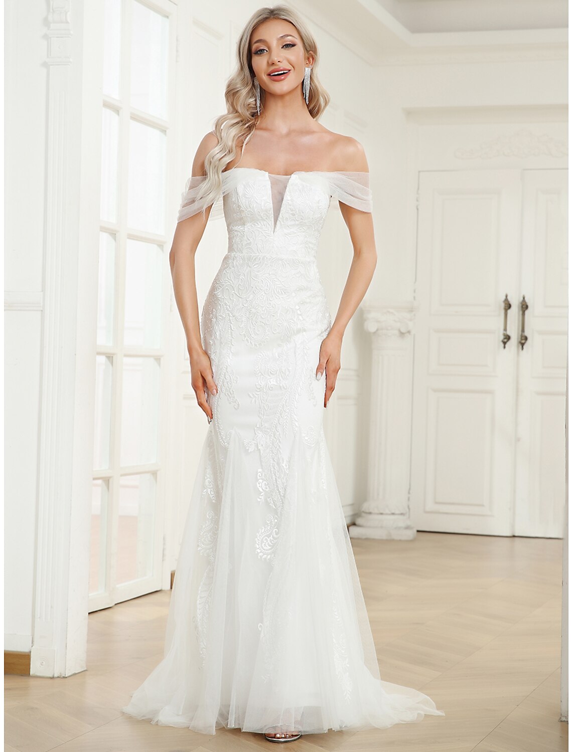 Luolandi Reception Wedding Dresses Mermaid / Trumpet Off Shoulder Cap Sleeve Sweep / Brush Train Lace Bridal Gowns