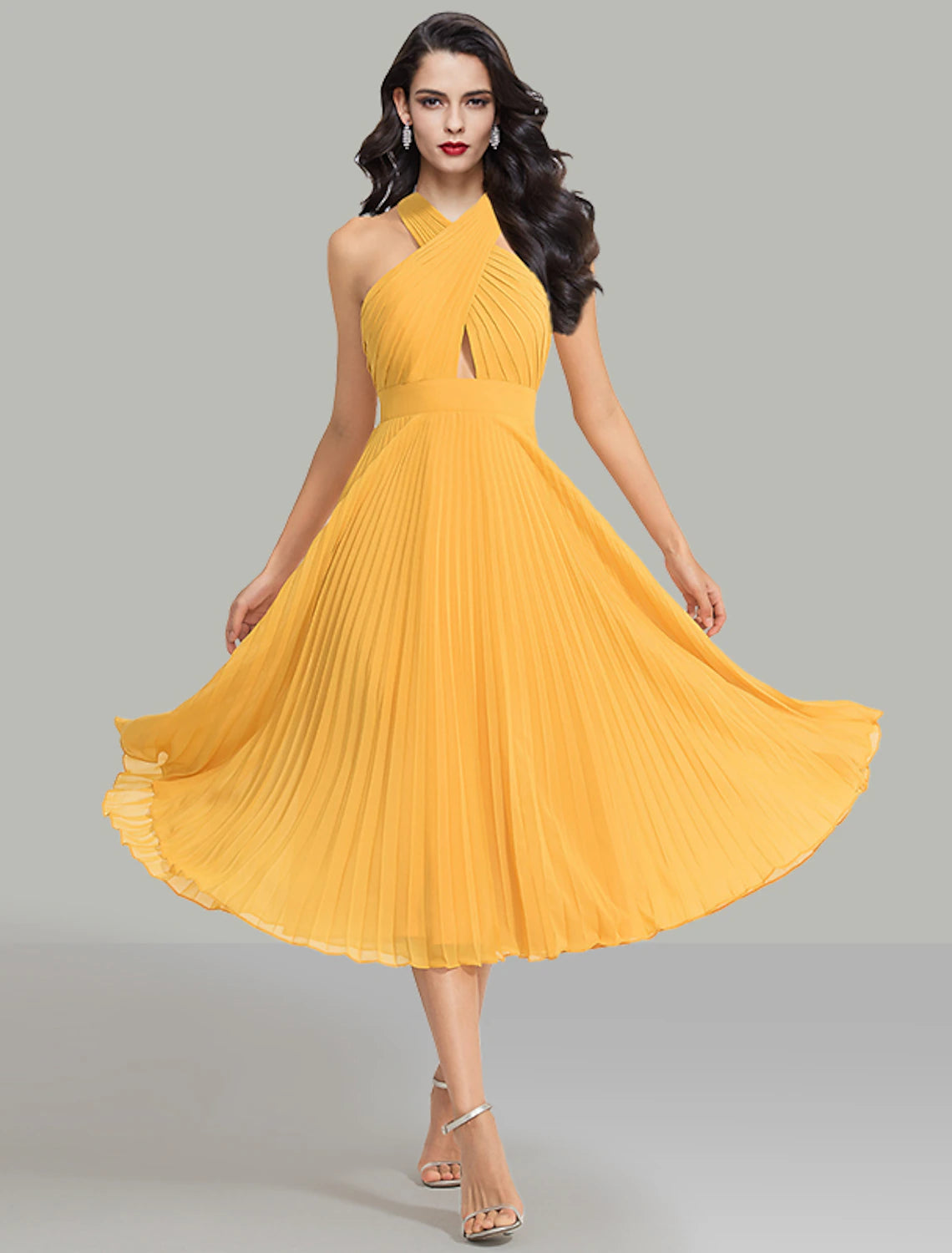 Luolandi A-Line Wedding Guest Dresses Elegant Dress Cocktail Party Wedding Party Tea Length Sleeveless Halter Neck Chiffon