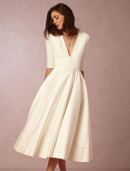 A-Line Special Occasion Dresses Party Dress Holiday Wedding Guest Tea Length Half Sleeve V Neck Pocket Jersey with Pleats White & Ivory