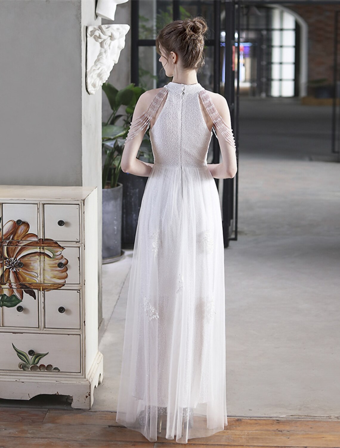 Luolandi A-Line Prom Dresses Sparkle & Shine Dress Party Wear Floor Length Short Sleeve High Neck Polyester with Sequin