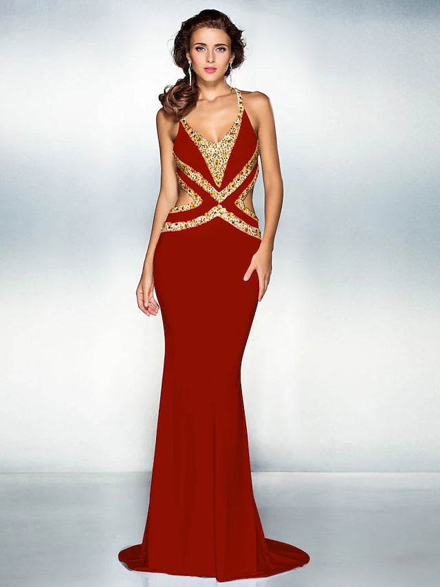 Luolandi Mermaid / Trumpet Sparkle Dress Wedding Guest Sweep / Brush Train Sleeveless V Neck Jersey Crisscross Back